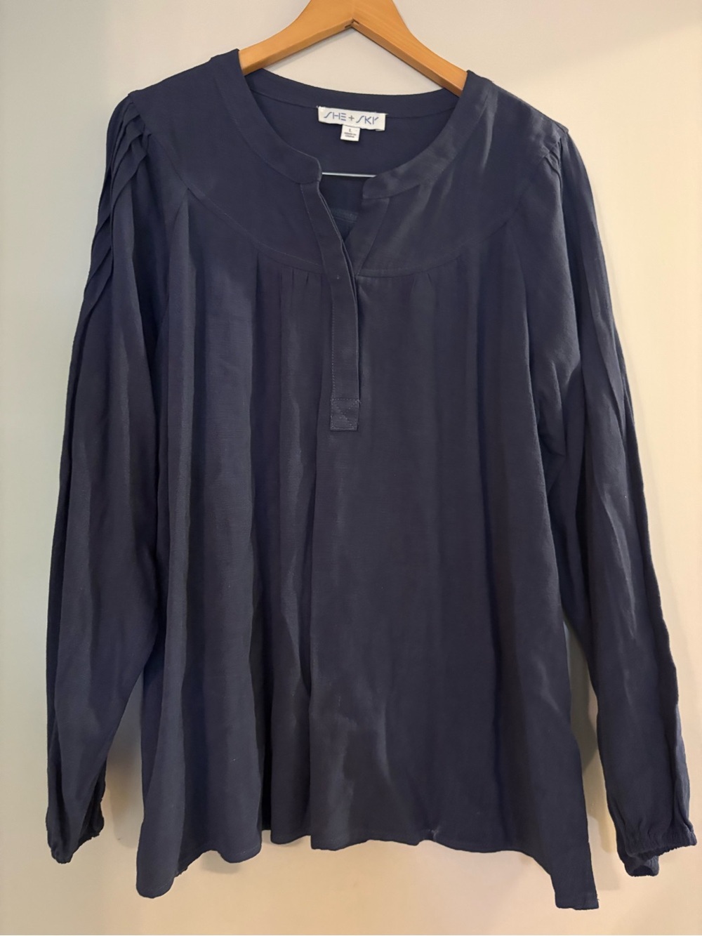She + Sky Navy Long-Sleeve Pleated Henley Shirt